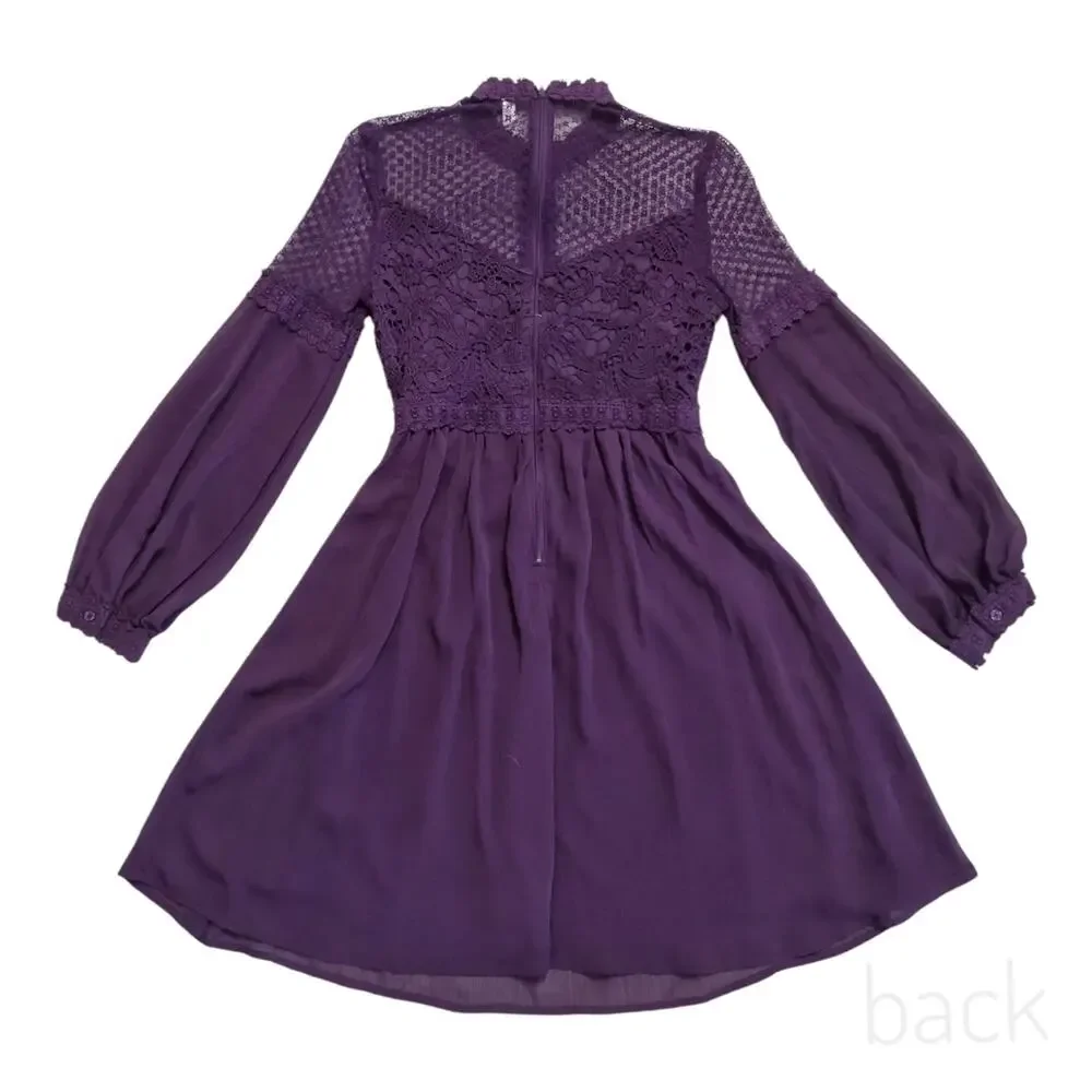 Girls Purple Party Dress Juniors Size XL Sheer Chiffon Lace Crochet A-line Sheer